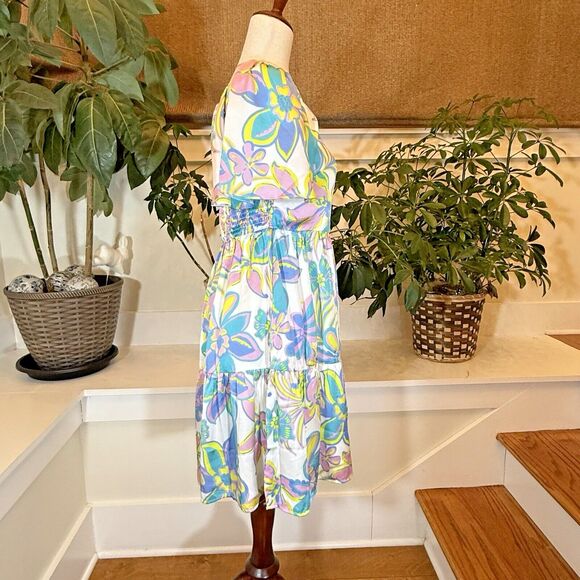 Mittoshop Dress Women Sz.Medium Silky Mini Floral Short Puff Sleeve Smocked - Picture 4 of 10